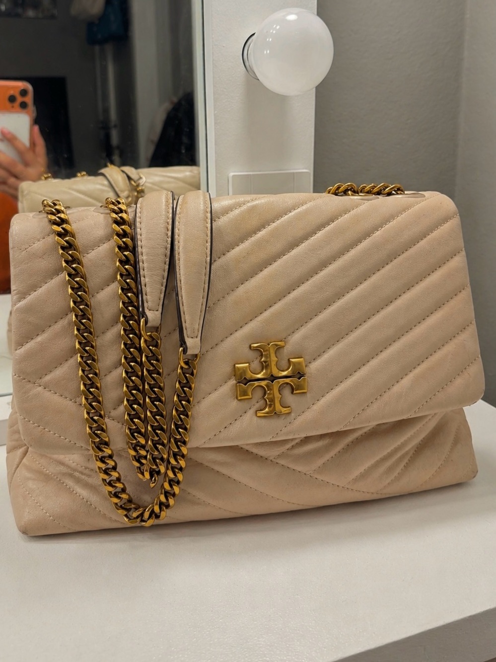 Tory Burch Quilted Shoulder Bag in Light Beige with Gold Hardware